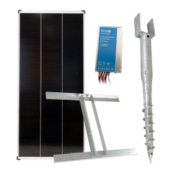 Základní sada solární napájení ohradníku, panel 200 W, držák zemní vrut, konzole, regulátor 15 A